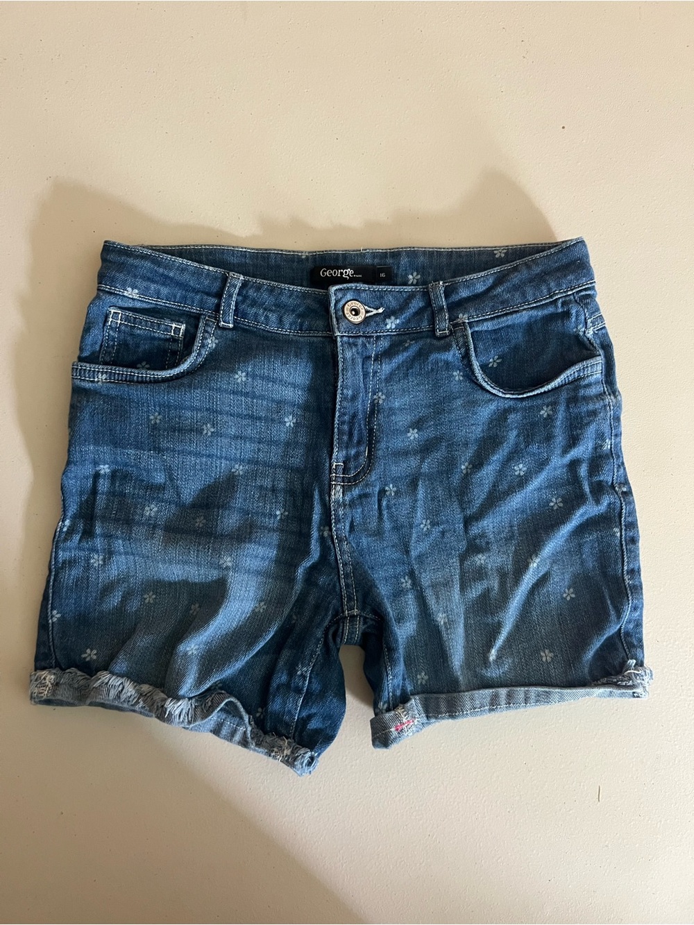 George Dark Blue Denim Jean Shorts with Subtle Floral Print